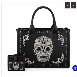 Montana West Black Embroider Sugar Skull Conceal Carry Tote/Crossbody Wallet Set