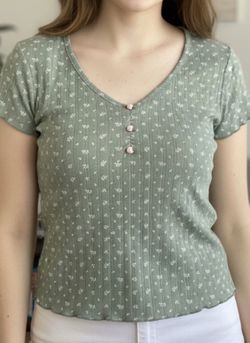 Happily Grey Floral Print Henley Top - Medium