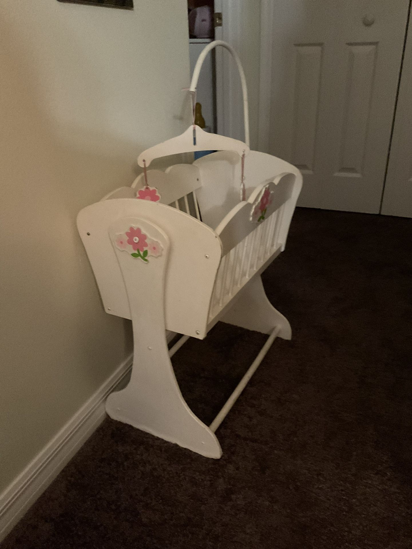 Wooden Doll Cradle On Base White & Pink Flowers