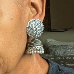 Vintage Antiqued Silver Earrings Jhumka. Intricate Handcrafted Rhinestones 2.25". Traditional Exquisite Intricate Craftsmanship.
