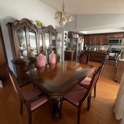 Solid Walnut & Oak Custom Dining Set – Table, 6 Chairs & China Cabinet