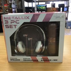 Metallix 3pc Wireless Speaker, Wireless Headphones , And Earbuds +Mic