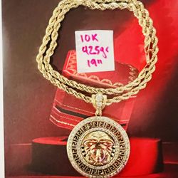 For Wedding 10K Solid Gold Rope Chain and Pendant CUBIC ZIRCONIUM STONES 42.5Gr 19 Inches Long 