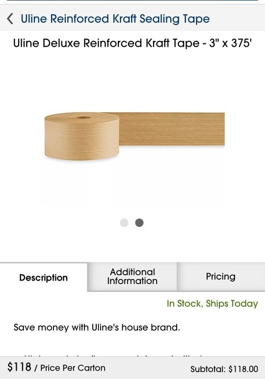 Uline Deluxe Reinforced Kraft Tape - 3" x 375