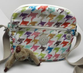 Kipling Crossbody Sara Jane Bag With Gorilla Monkey Pink Purple Green Blue Print