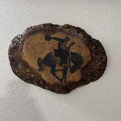 Metal Bronco Rider & Horse Secured On Beautiful Slab Of Wood Ready To Hang
