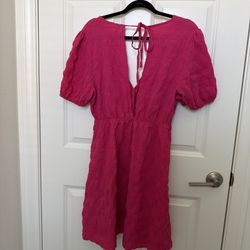 Women's Multicolor Hot Pink V-Neck Short Puff Sleeve Mini A-Line Dress Size XL