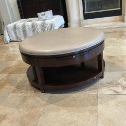 Solid Wood Espresso Brown And Taupe Leather Coffee Table