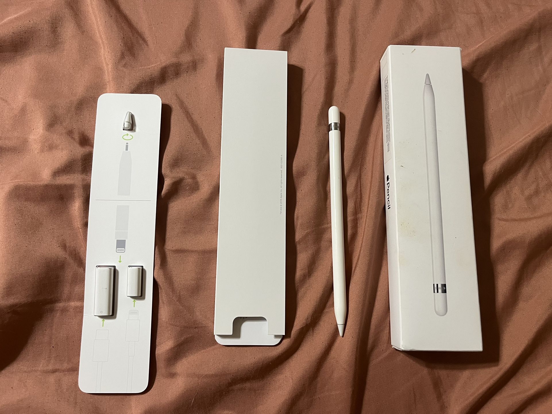 Apple Pencil (1st generation), USB-C to Apple Pencil Adapter, Lightning Adapter, and extra tip.