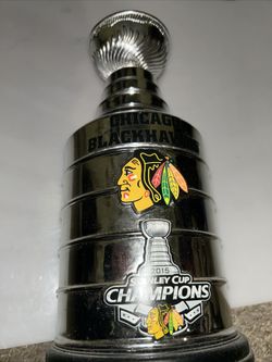 Stanley Cup trophy commemorating the Chicago Blackhawks’ 2015 NHL championship