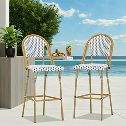 French Bistro Counter Stools Set of 2, High Stacking French Bar Stools Aluminum Outdoor Barstools , Bamboo Finish