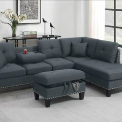 Gray Sectional Sofa w/ Storage Chaise, Ottoman and Cup Holders 👍90 days FREE FINANCING ❗