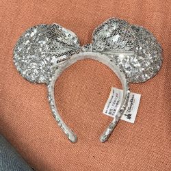 Silver Sequined Minnie Mouse Ears Headband. 