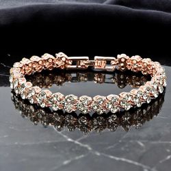 Rose Gold Plated Over Alloy Metal Cubic Zirconia Stones Tennis Bracelet
