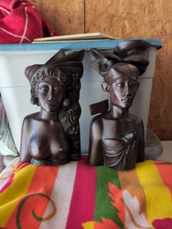 Vintage BALI Tribal Man & Woman Carved Solid Wood Art Bust Sculpture Pair