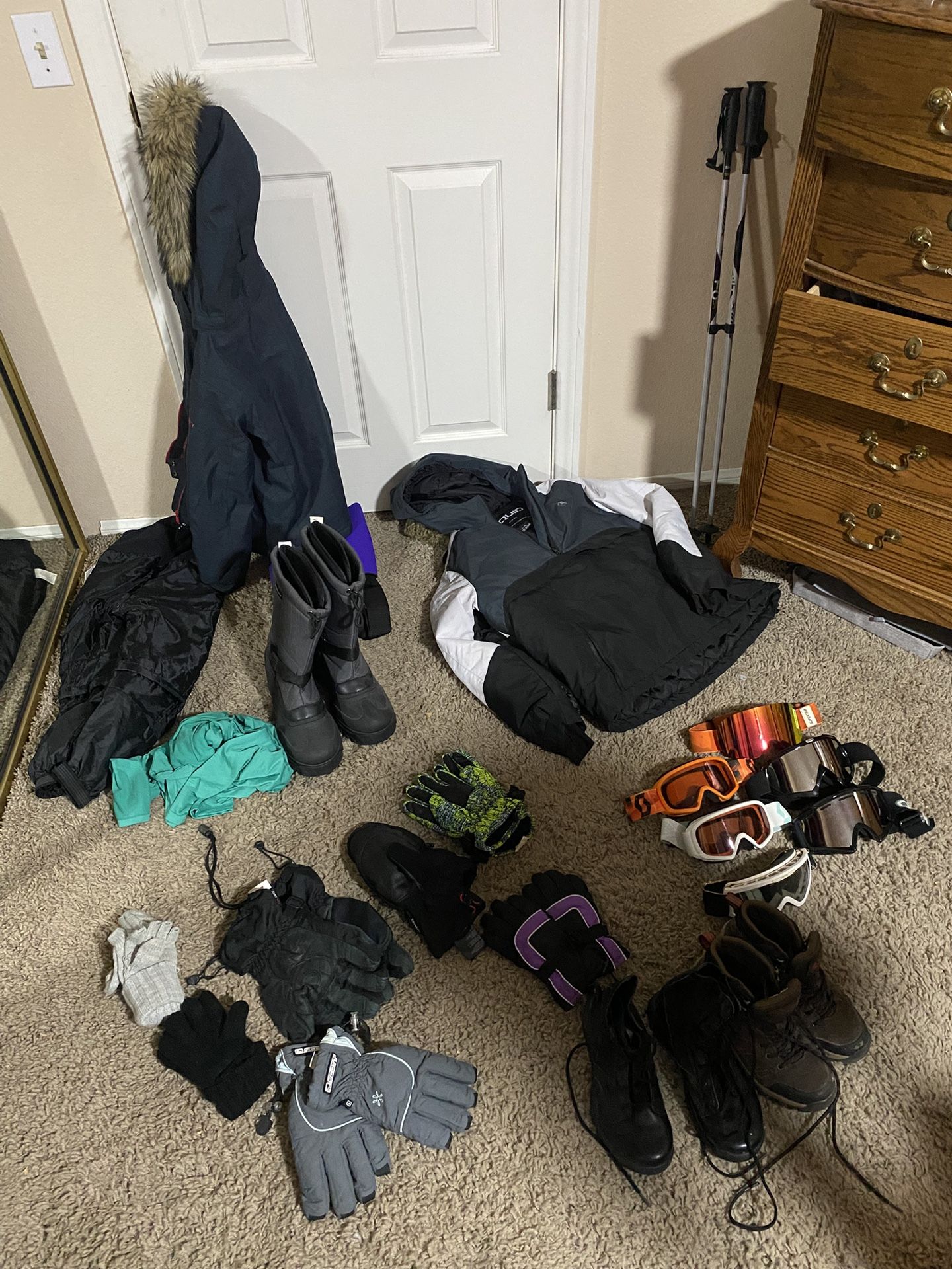 Assorted Ski Snowboard And Winter Gear Clothes Boots Goggles Poles