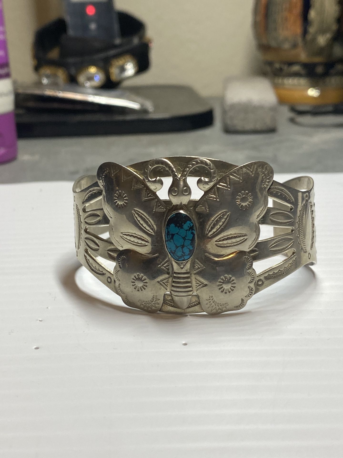 Silver Nickle Turquoise Butterfly Cuff