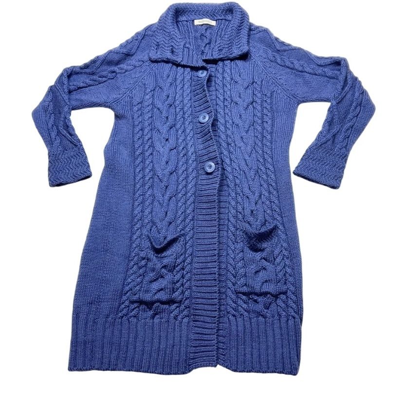 WoolOvers Pure Wool Aran Coatigan Women XL Blue Cable-Knit Long