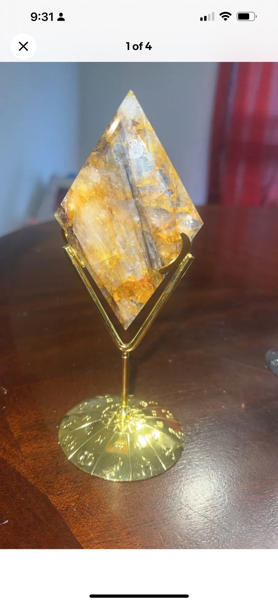 golden healer quartz crystal diamond shape and stand