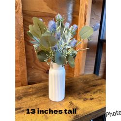 White Ribbed Vase with Faux Floral Arrangement