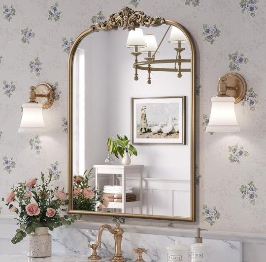 Antique Gold Mirror, 24"x 36" Vintage Arched Mirror for Wall, Retro Vanity Mirror