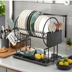 Dish Drying Rack, Black 2 Tier Dish Drainer Racks with Tray, Cup Utensil Holder for Kitchen