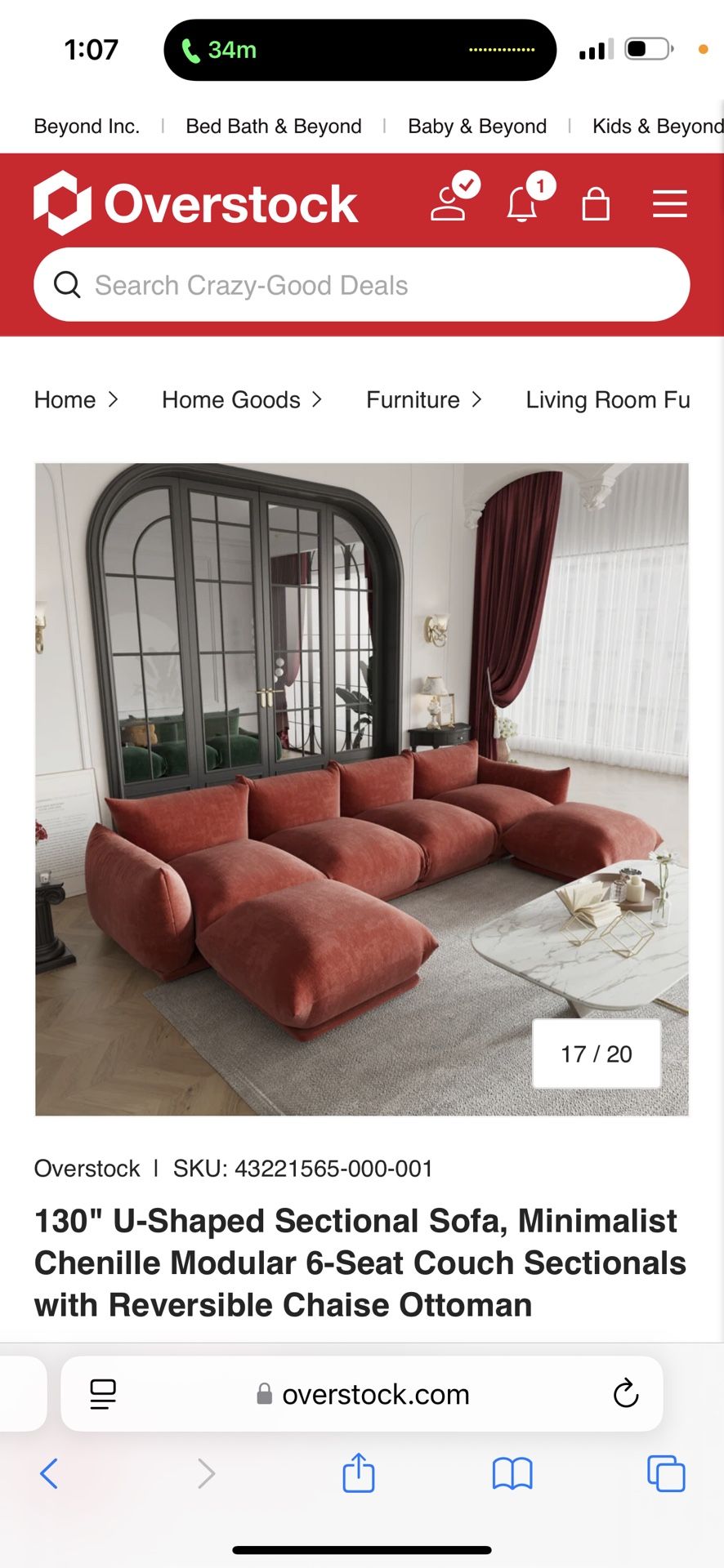 130" U-Shaped Sectional Sofa, Minimalist Chenille Modular 6-Seat Couch Sectionals with Reversible Ch
