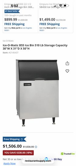 Bin only  Ice-O-Matic B55 Ice Bin 510 Lb Storage Capacity 30"W X 31"D X 50"H
