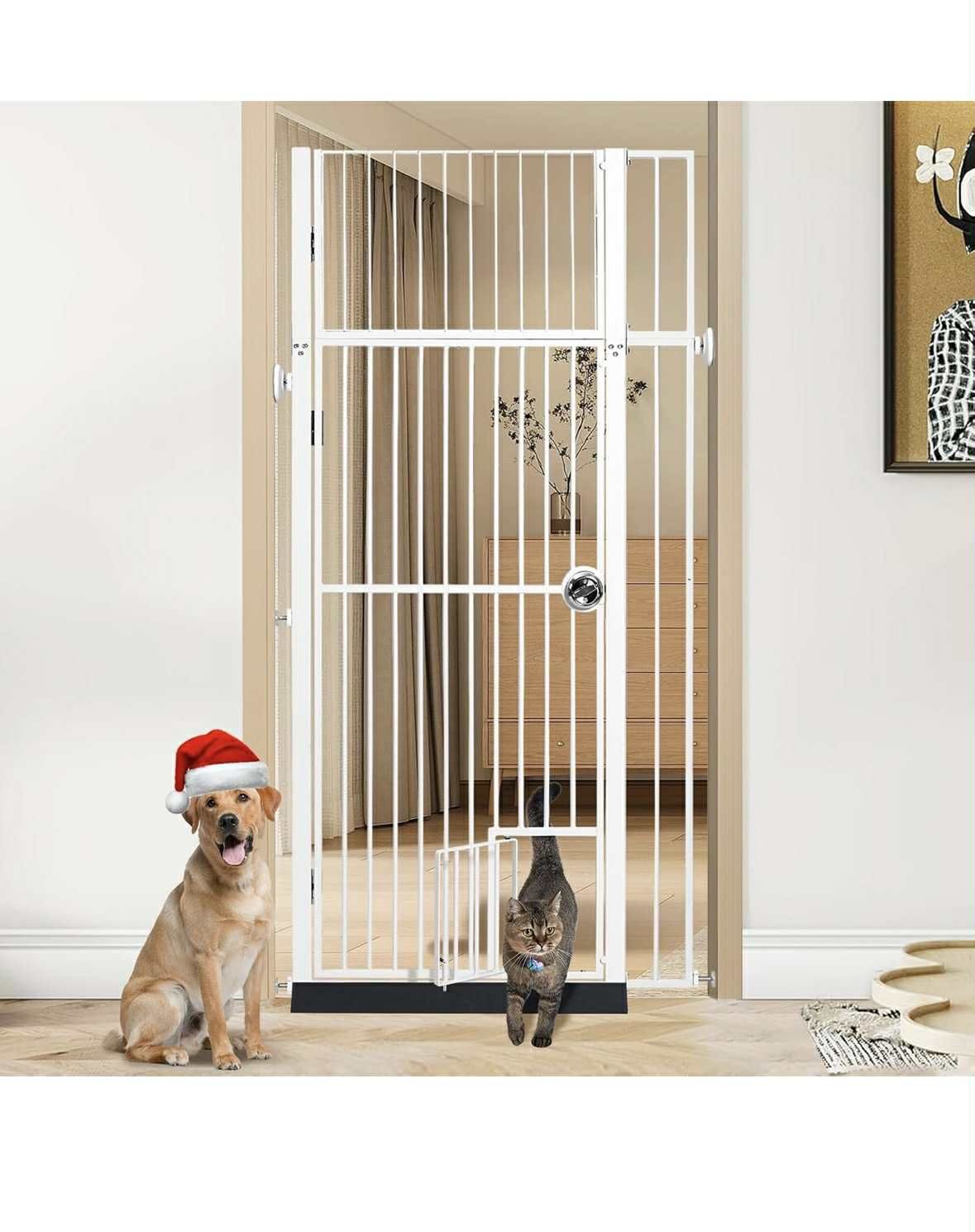 INRLKIT 71 Inch Extra Tall Pet Gate W/Cat Door, 27"~37.5" Extra Wide Pressure Mounted White NEW $