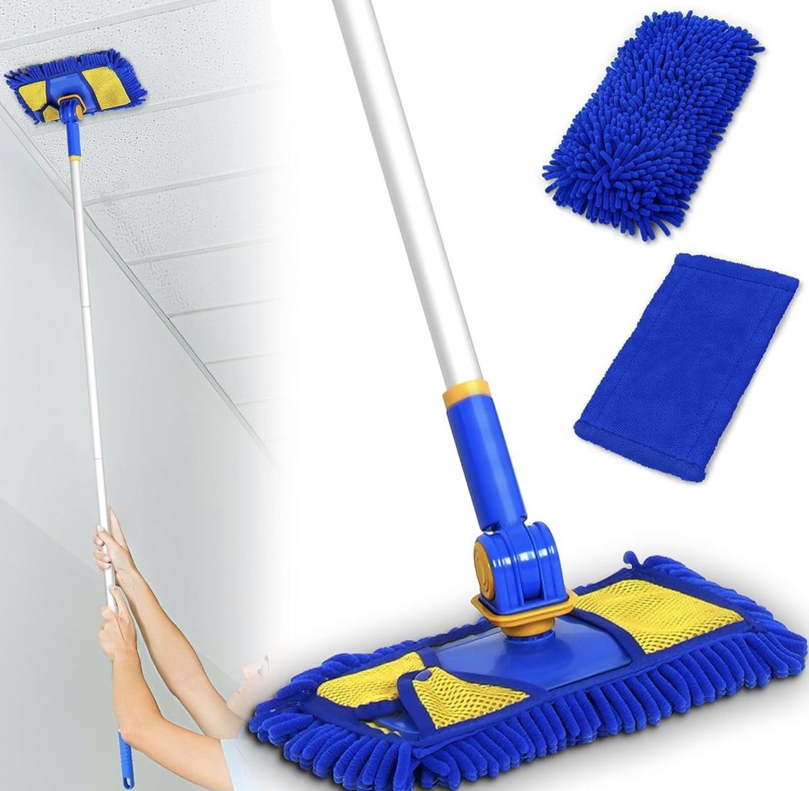 Wall Cleaner Mop with Long Handle, Wall Dust Cleaning Mop for Washing Walls with 2 Microfiber Reusable Mop Pads,Dry Dust and Wet Wash Cleaning Mop for
