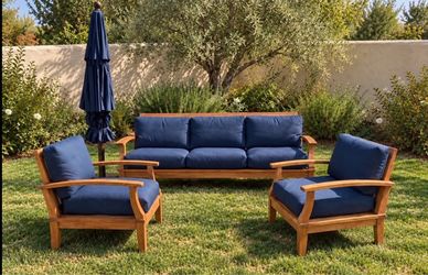 Gloster Teak Sofa + 2 Lounge Chairs & Umbrella with Sunbrella Cushions – Delivery