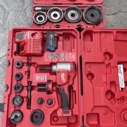 Milwaukee M18 18V Lithium-Ion 1/2 - 4” Force Logic High Capacity Cordless 10T Knock Out Knockout Tool Kit w/ Die Punch Set 1x 5.0 Ah Batteries  $1399