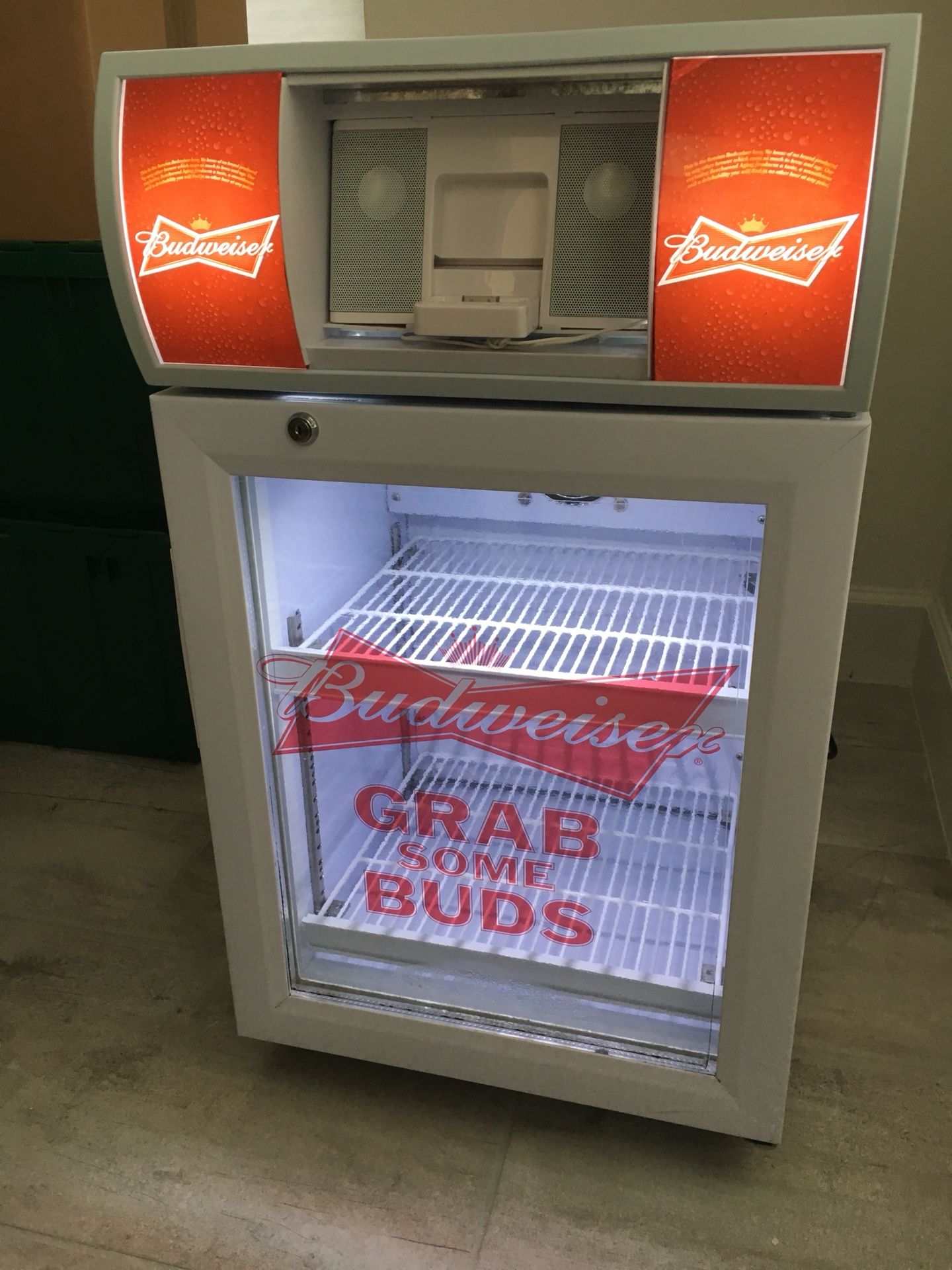 THIS WEEKEND ONLY! BUDWEISER MINI FRIDGE WITH BUILT IN SPEAKER AND LED LIGHTS