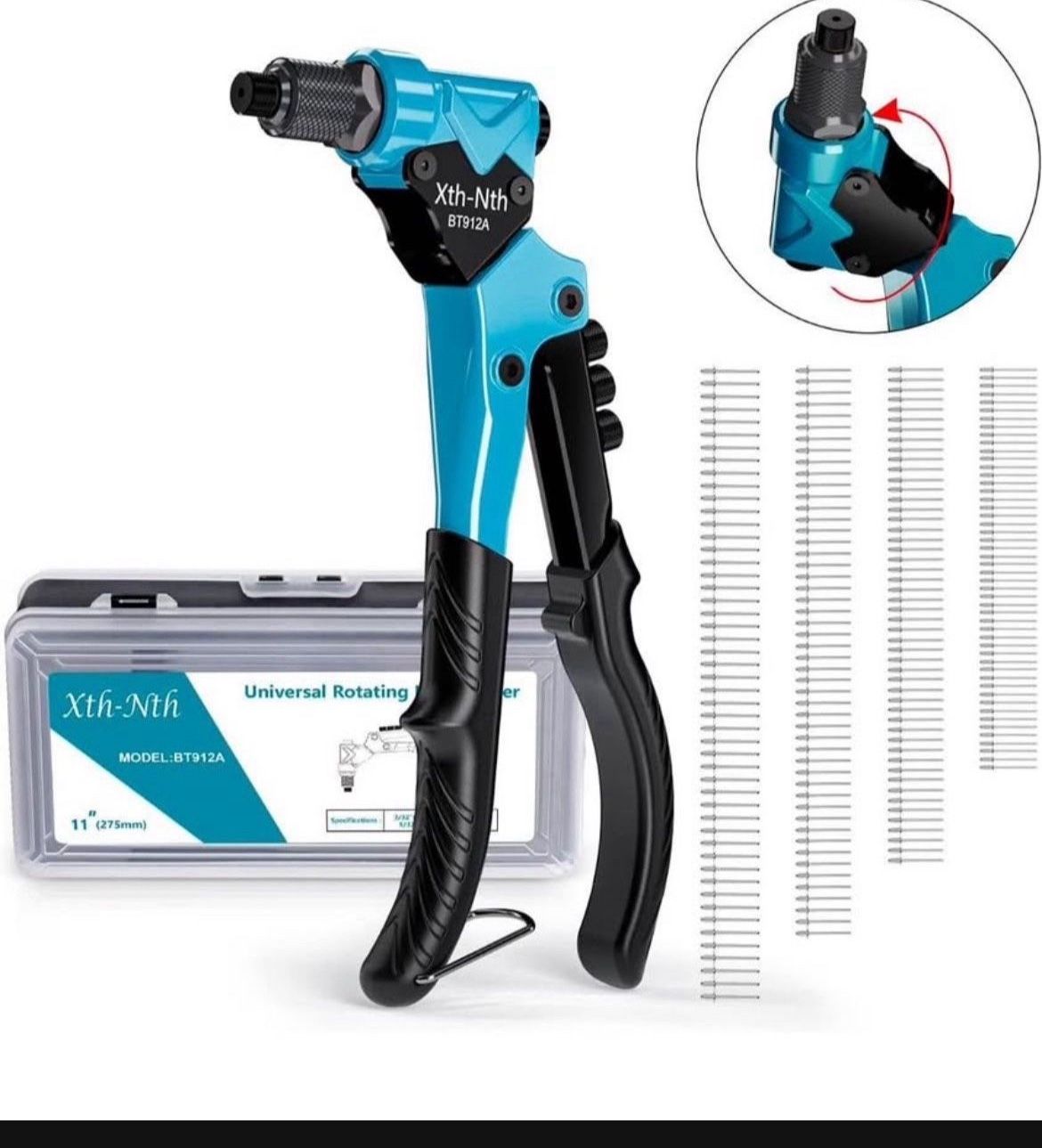 Xth-Nth Rivet Gun with 200 Rivets-Hand Rivet Tool 360° Swivel Head Pop Rivet Gun Kit,11" Pop Rivet Tool with 4 Manual Interchangeable Rivet Heads Dril