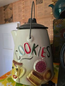 Vintage Ceramic Cookie Jar with Wire Handle