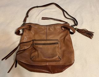 used Lucky Brand brown leather boho purse handbag pocketbook cute tassel