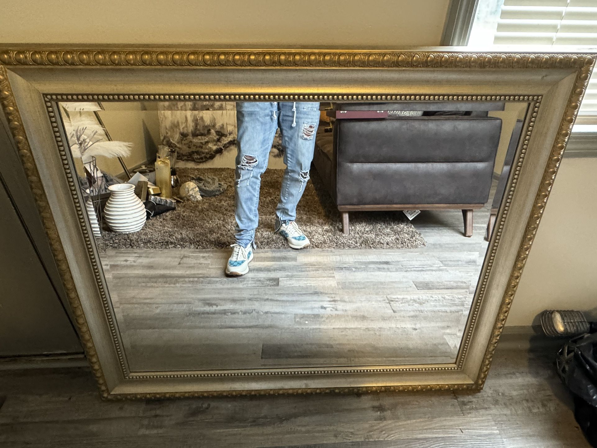 Gold and Bronze Antique Mirror and 2 Oversized Candles for $85.