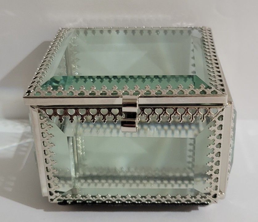 Beautiful Glass Jewelry Box With Silver Trim And Mirror Bottom