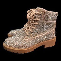 Betsey Johnson Rhinestone Glitter Lace-Up Ankle Combat Boots Lug Sole US 8.5