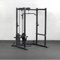 Brand New Titan T2 power rack w lat pulldown attachment, Olympic barbell and grip plates