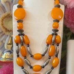 Stunning & Vintage 3 Strand Ethnic Tibetan Amber Resin & Silver beads Necklace 25”inch Long🔥