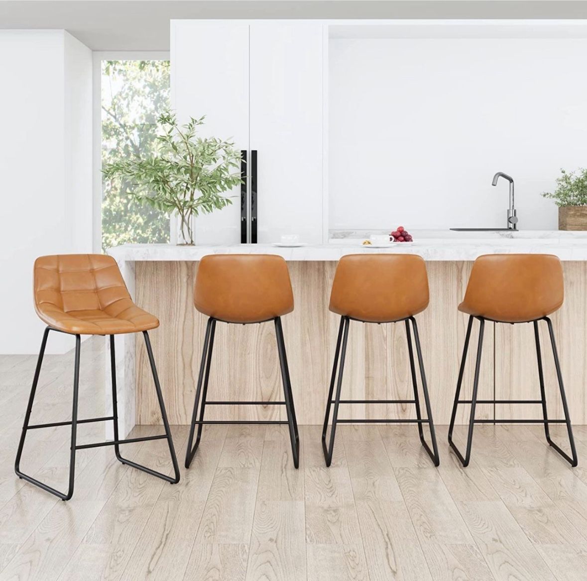 Upholstered Checkered Pattern Bar Stools Faux Leather 24 Inch Counter Height