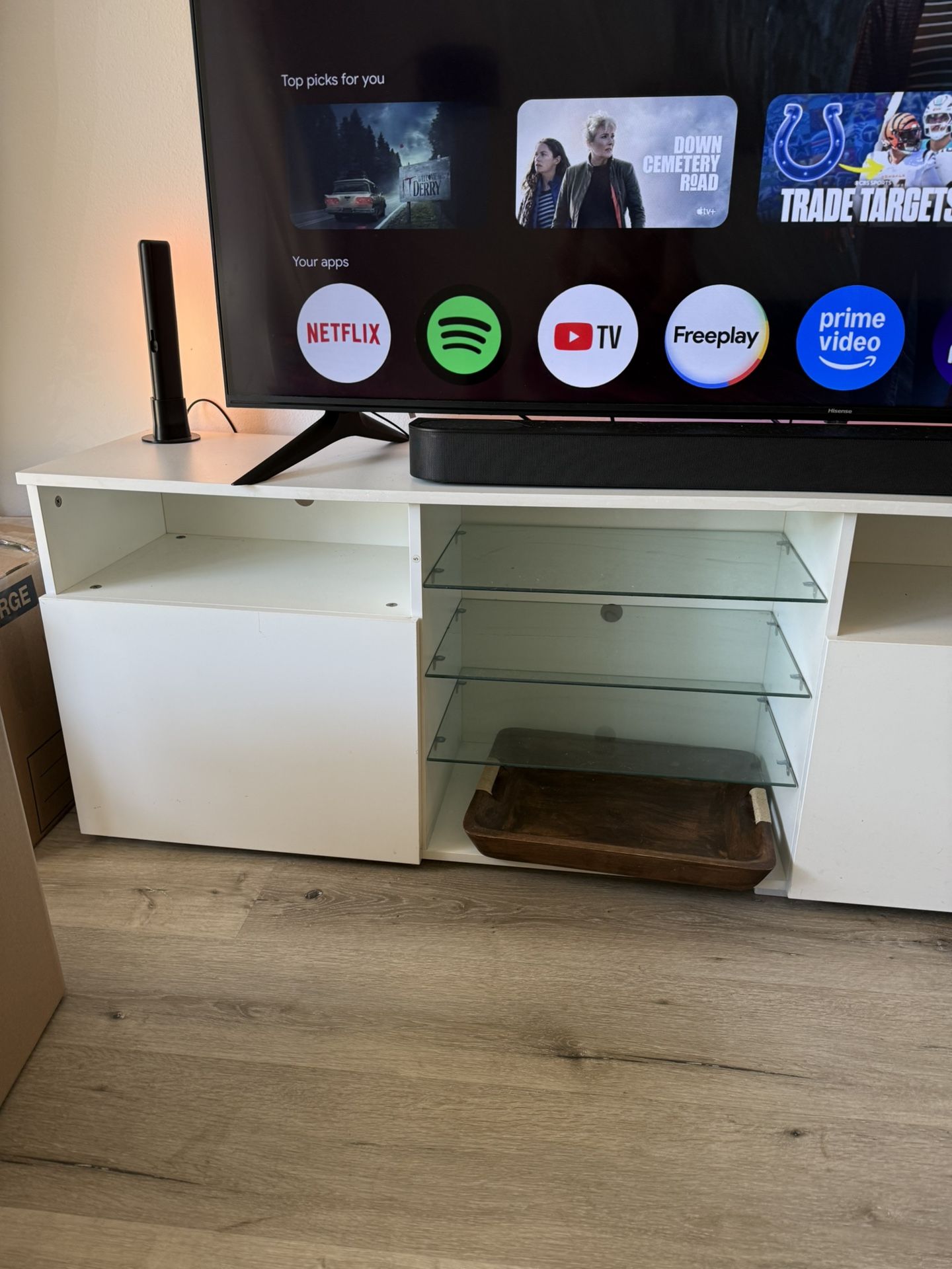 MUST GO ASAP! - Modern White TV Stand / Media Console – 6’8” Long, Glass Shelves
