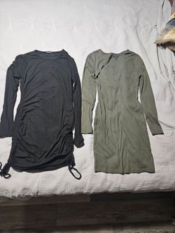 Women’s Dress Bundle (2) Black Ruched Dress & Olive Green Bodycon – Small/Medium