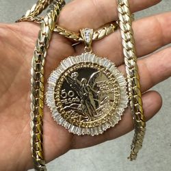 14k GOLD PLATED COIN CENTENARIO MEXICANO MONEDA 50 PESOS PENDANT CHAIN CZ ORO CADENA ☎️