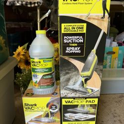 Brand New Inbox, Shark Vac Mop, Hardwood Floor Vacuum Spray Comes With A Brand New Box Of Disposable Pads And Cleaner. Disinfectant All Brand New.