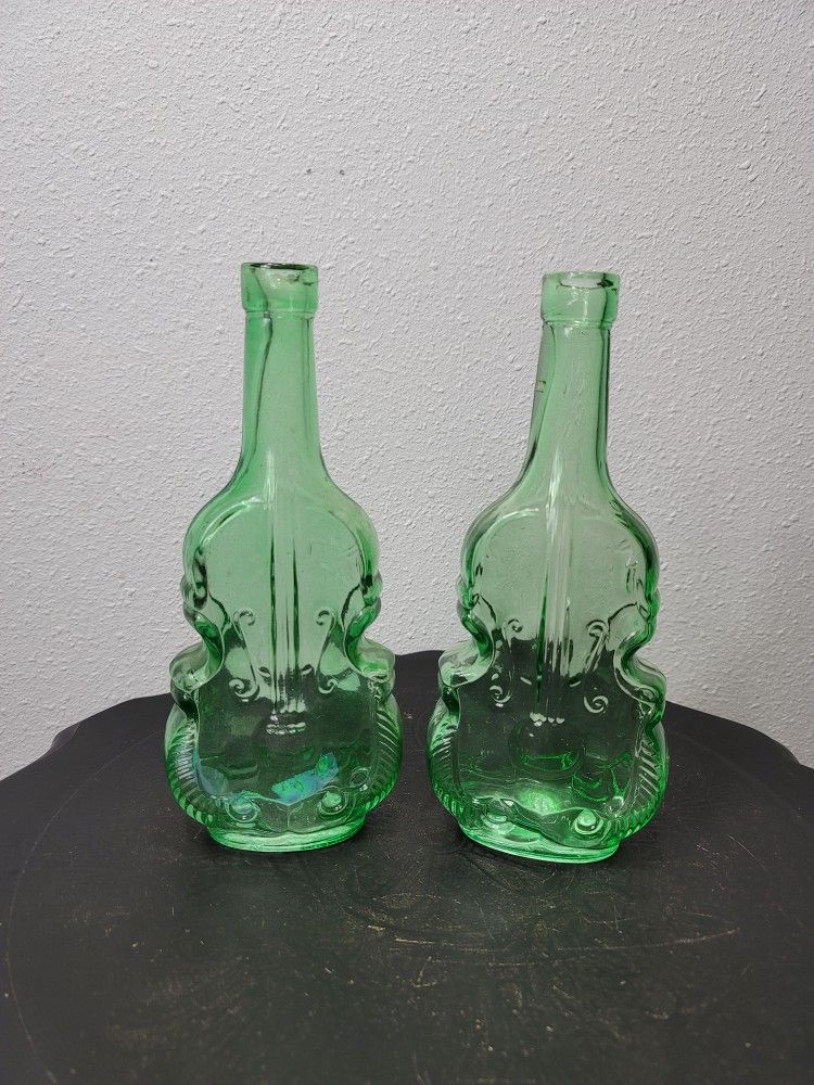 Vintage Green Glass Violin Shaped Bottle, Home Decor, Violin Bottle