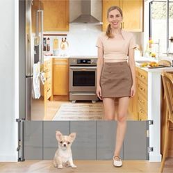 “New”Short Retractable Pet Gate(55”X20”)Step Over Mesh(grey)