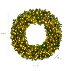 60" Wreath Pre-Lit Artificial Fir Christmas Wreath w/ LED Lights, Plug-In, PVC Tips