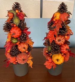 Celebrate Together Fall Artificial Leaves & Pumpkin Topiary Decor (Set of 2)